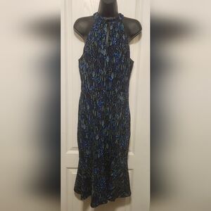 bebe Black and Blue Floral Print Midi Dress Size 12 EUC